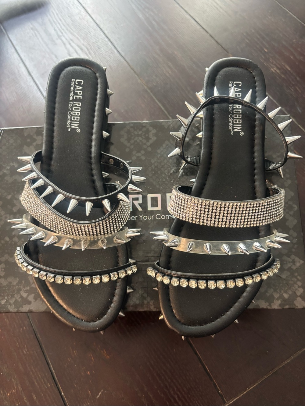 Cape Robbin Black Studded Slide Sandals with Rhinestone Straps and Spikes - Picture 5 of 6